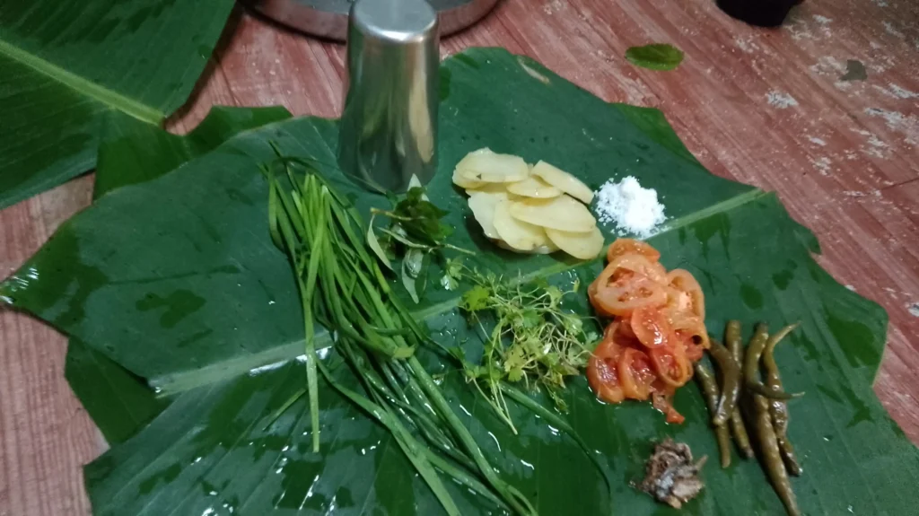 Non Oil Traditional Food: Paltoi or Irolpa. 3 Traditional Bishnupriya Manipuri dish Paltoi being prepared with fresh vegetables and fermented fish.